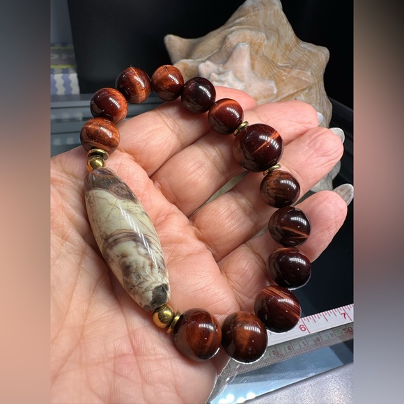 RED TIGERS EYE + MUSHROOM JASPER NATURAL STONES BRACELET size 7” - Picture 8 of 9